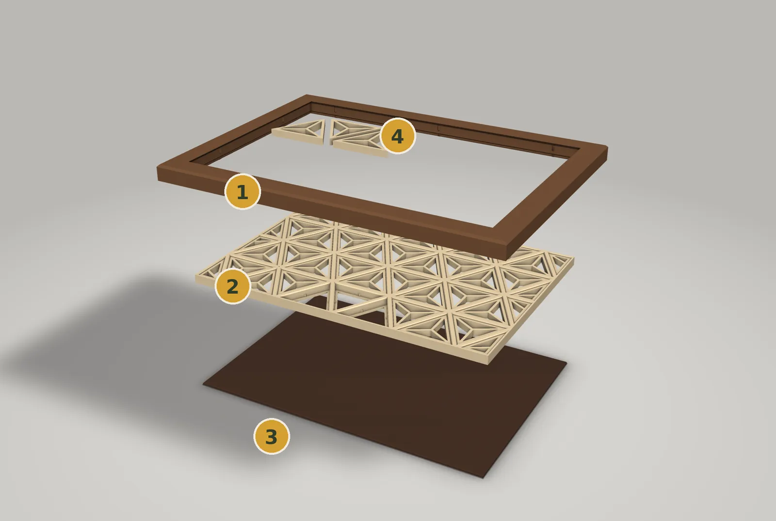 Render: the kit pulled apart in layers: a few inserts above the frame, the frame, the lattice board with its inserts, and the dark back at the bottom