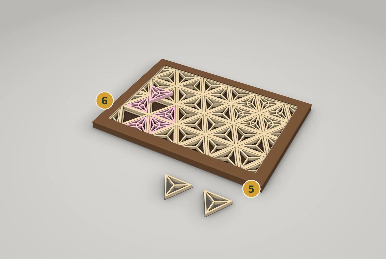 Render: the framed lattice with pink blossom inserts going into one corner and two sand inserts set down in front of it