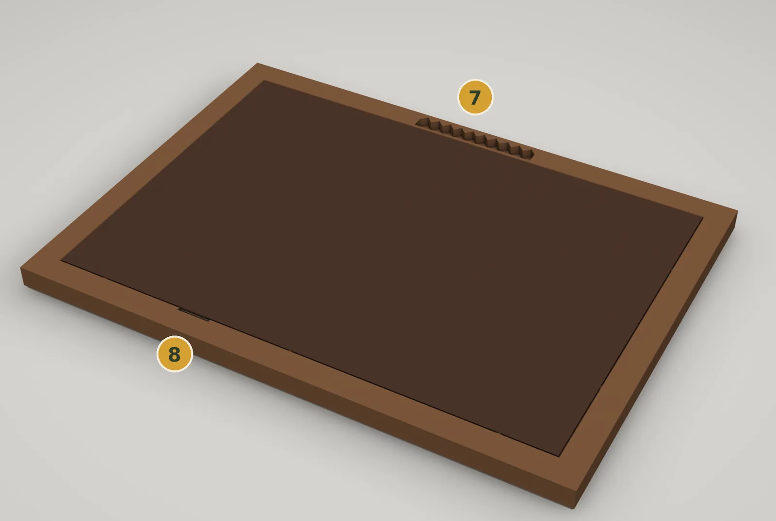 Render: the frame face down, showing its dark back, the hanger notch on the top rail and the pry notch on the bottom rail