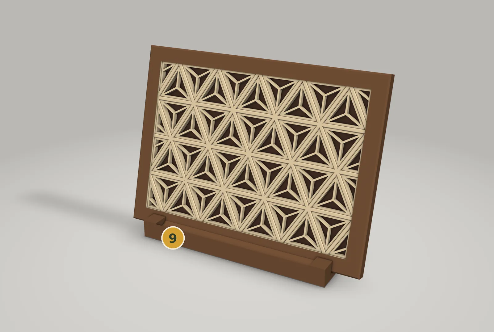Render: the framed lattice standing upright in a low walnut-brown stand